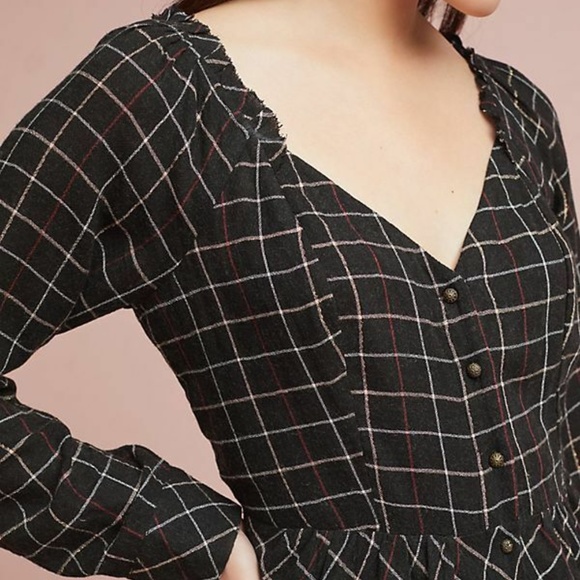 ANTHRO NWT Annie Plaid Midi Dress V-Neck Black 2 - Picture 3 of 4